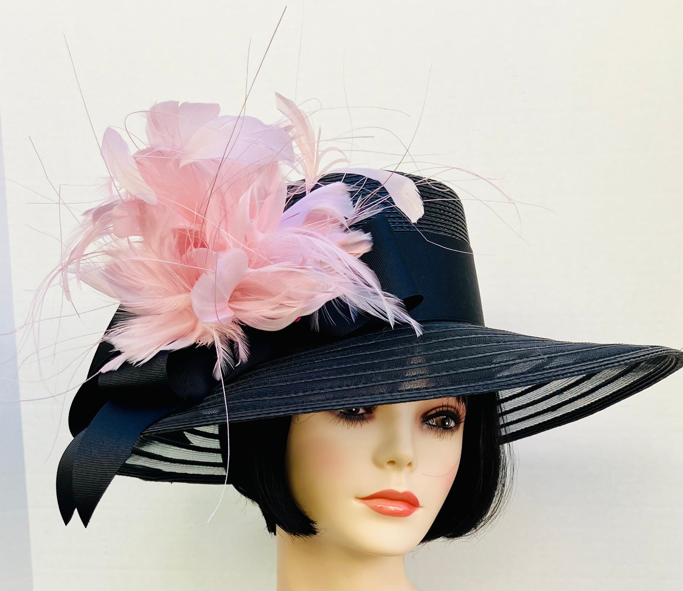 Black Sheer Dress Hat-Pink Feather Flourish