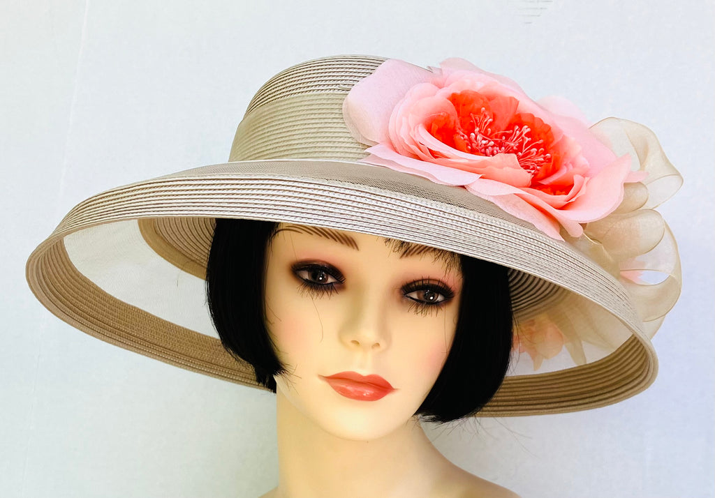 Beige Sheer Breton-Coral Flowers