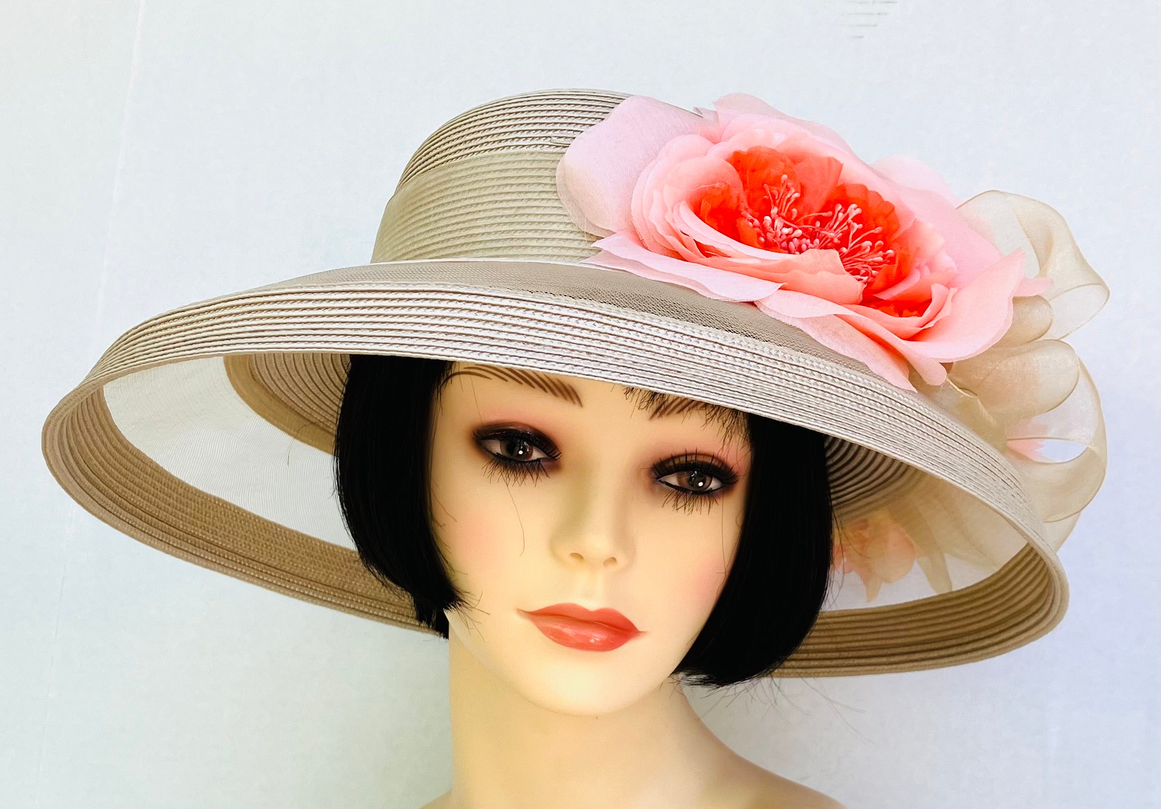 Beige Sheer Breton-Coral Flowers