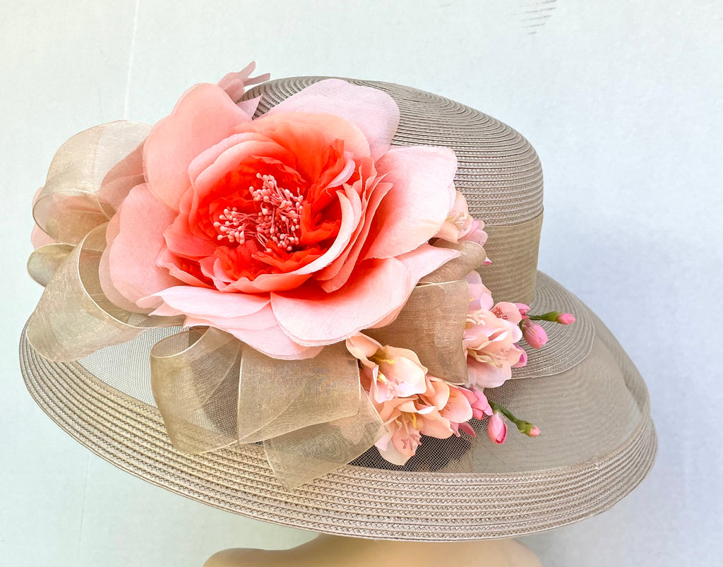 Beige Sheer Breton-Coral Flowers