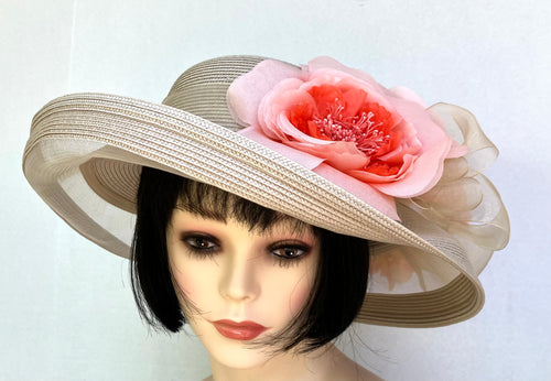 Beige Sheer Breton-Coral Flowers