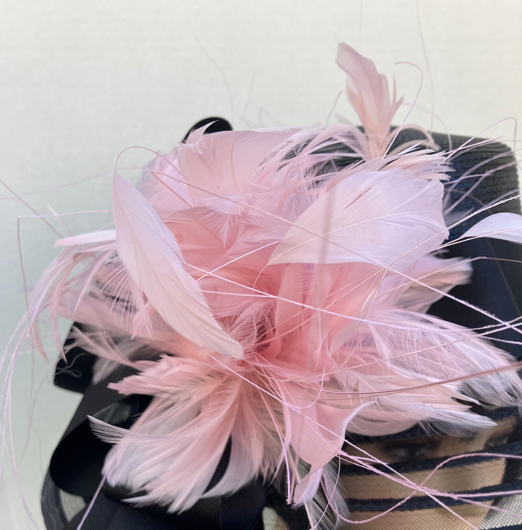 Black Sheer Dress Hat-Pink Feather Flourish