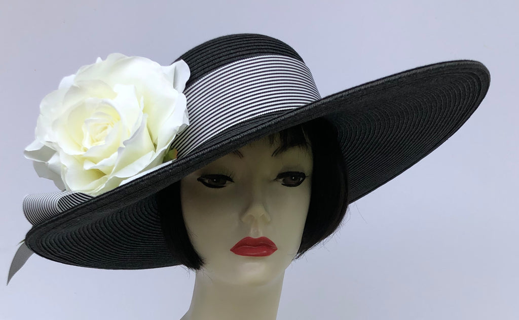 Black Derby Hat -White Rose