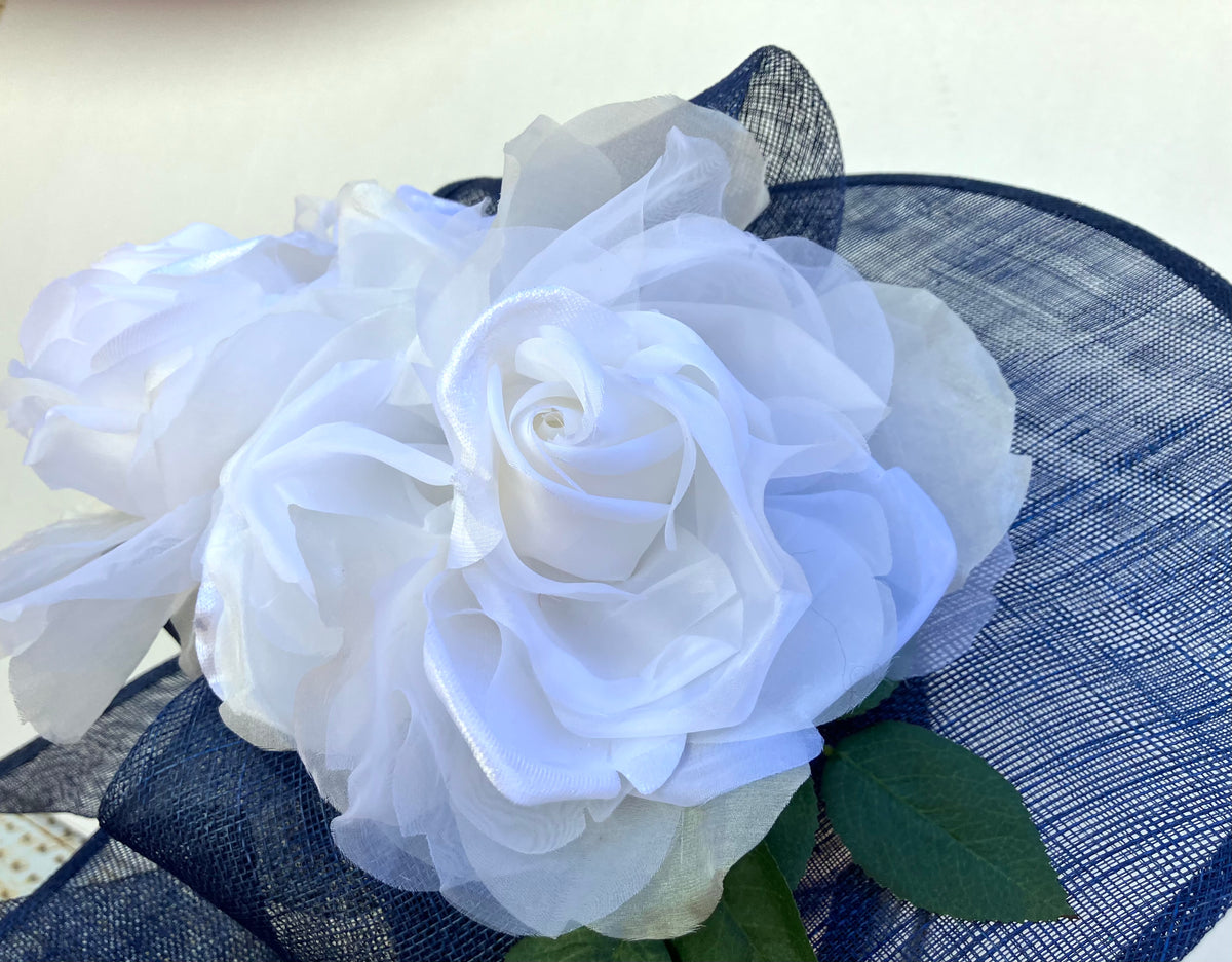 Navy Profile Fascinator-White Rose