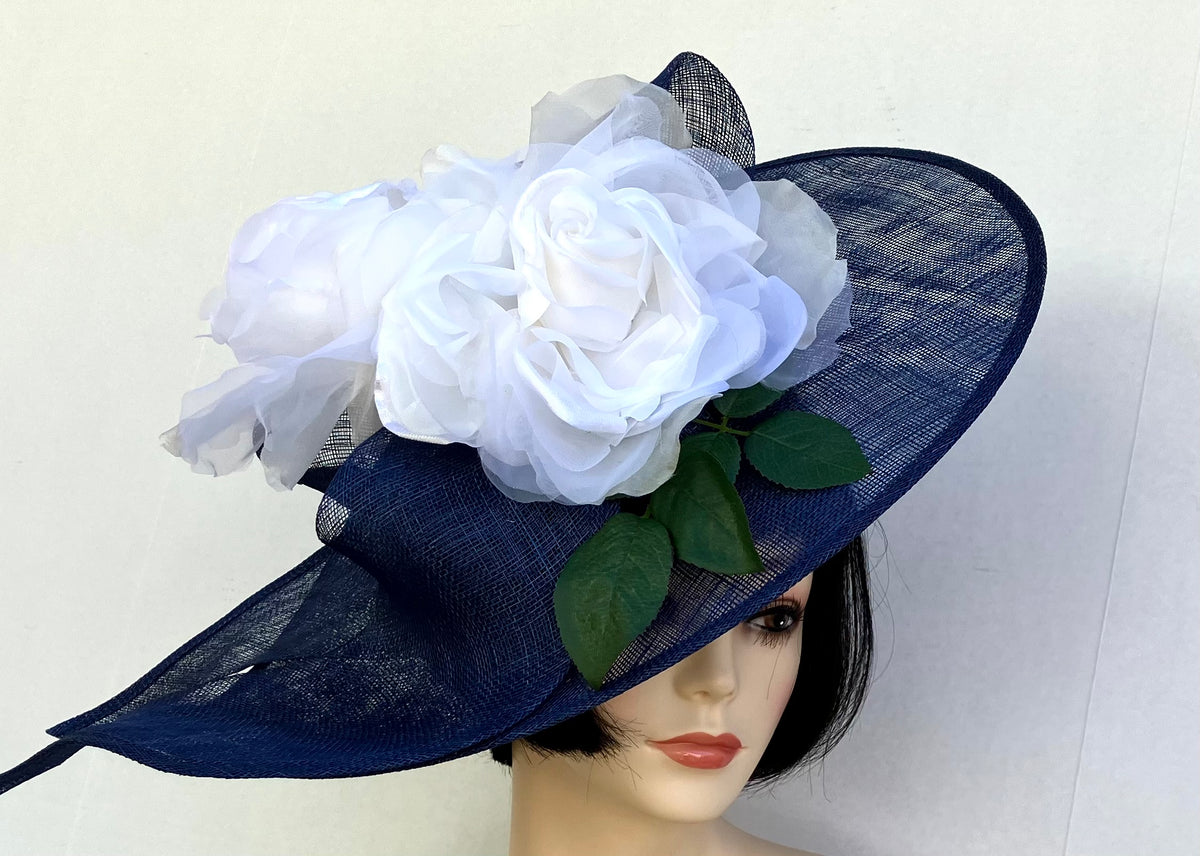 Navy Profile Fascinator-White Rose