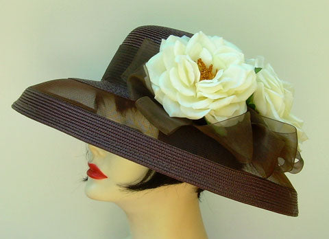 Brown Sheer Dress Hat-Ivory Roses