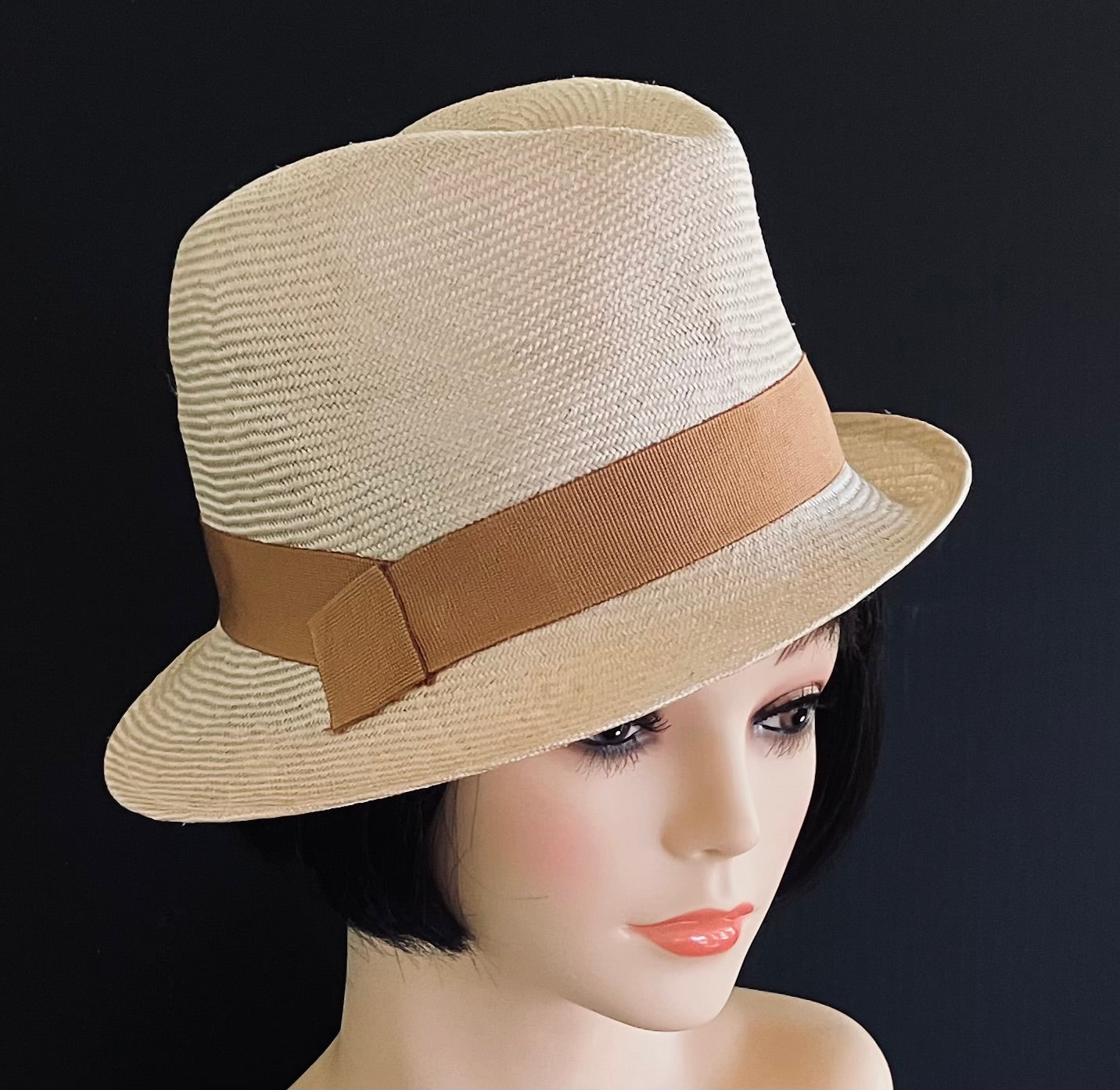 Cream Petite/XS Straw Fedora-Ribbon
