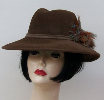 Brown Velour Fedora-Feather