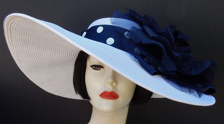 White Navy Derby Hat-Dot-Navy-Rose