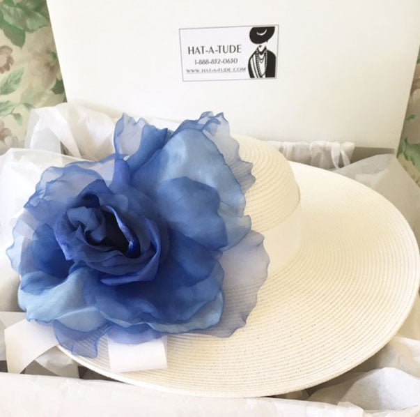White 5-6" Brim Derby Hat-Navy-Blue Rose