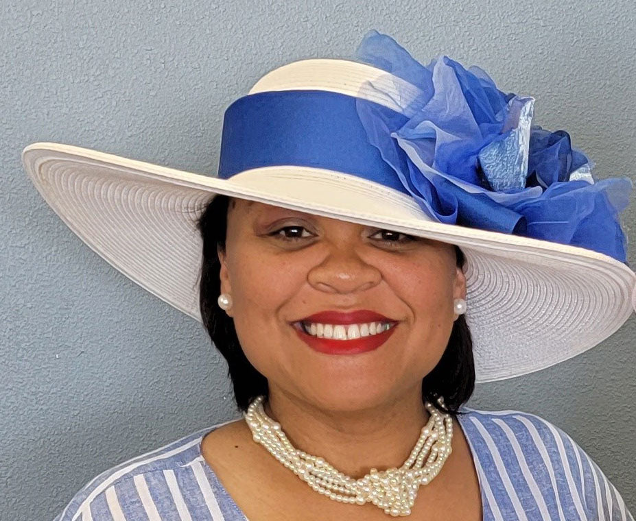 White 5-6" Brim Derby Hat-Blue Rose