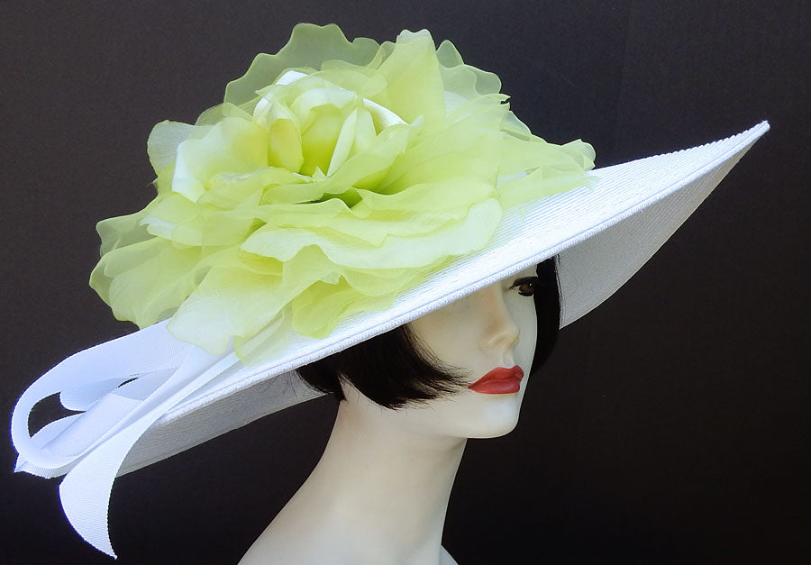 White Large Hat 5-6-Brim-Lime Rose