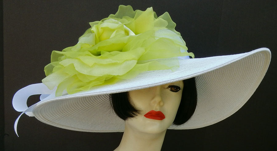White Large Hat 5-6-Brim-Lime Rose