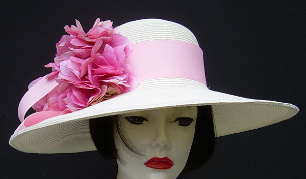 White 5-6 Brim Derby Hat-Pink Hydrangea