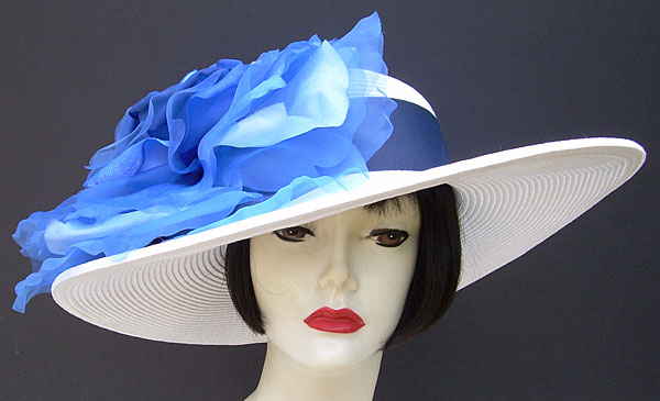 White 5-6" Brim Derby Hat-Navy-Blue Rose