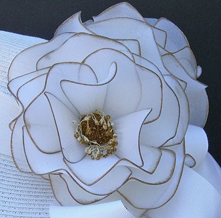 White 5, 6 Brim / White, Gold Flowers