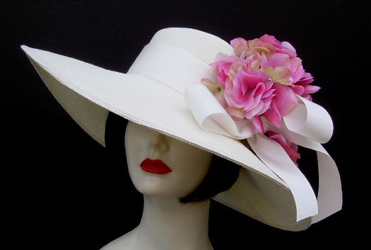 Ivory Large Brim Hat-Pink Hydrangea