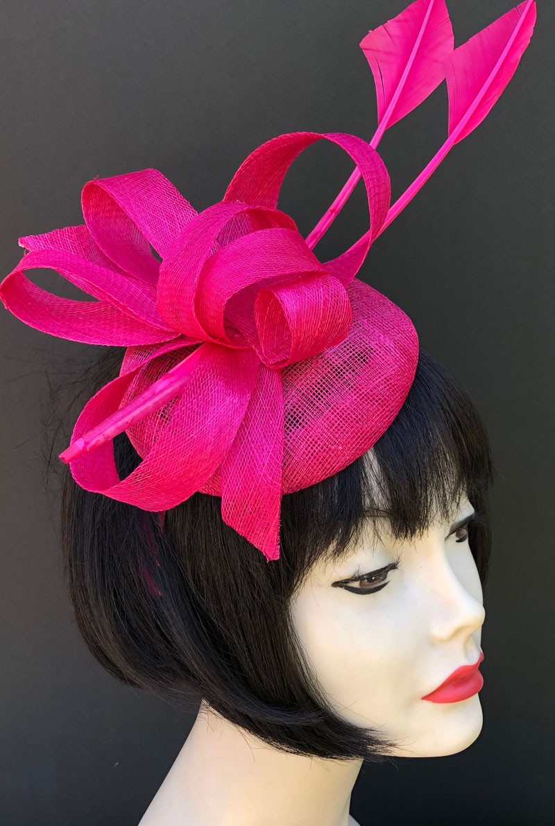 Hot Pink Feather Fascinator Headpiece Races Hat Hair Clip Races Silver Deco R37 