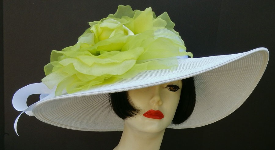 White Large Hat 6" Brim-Lime Rose