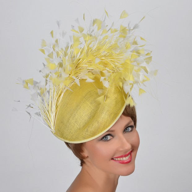 Navy Blue & Yellow Fascinator Hat/ any satin/highlight feather colour 