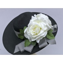 Black Derby Hat -White Rose