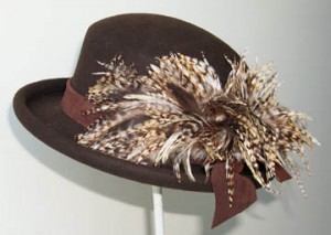 Brown Derby Hat/ Variegated Feather