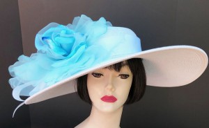 White Derby Hat-Light Blue Rose
